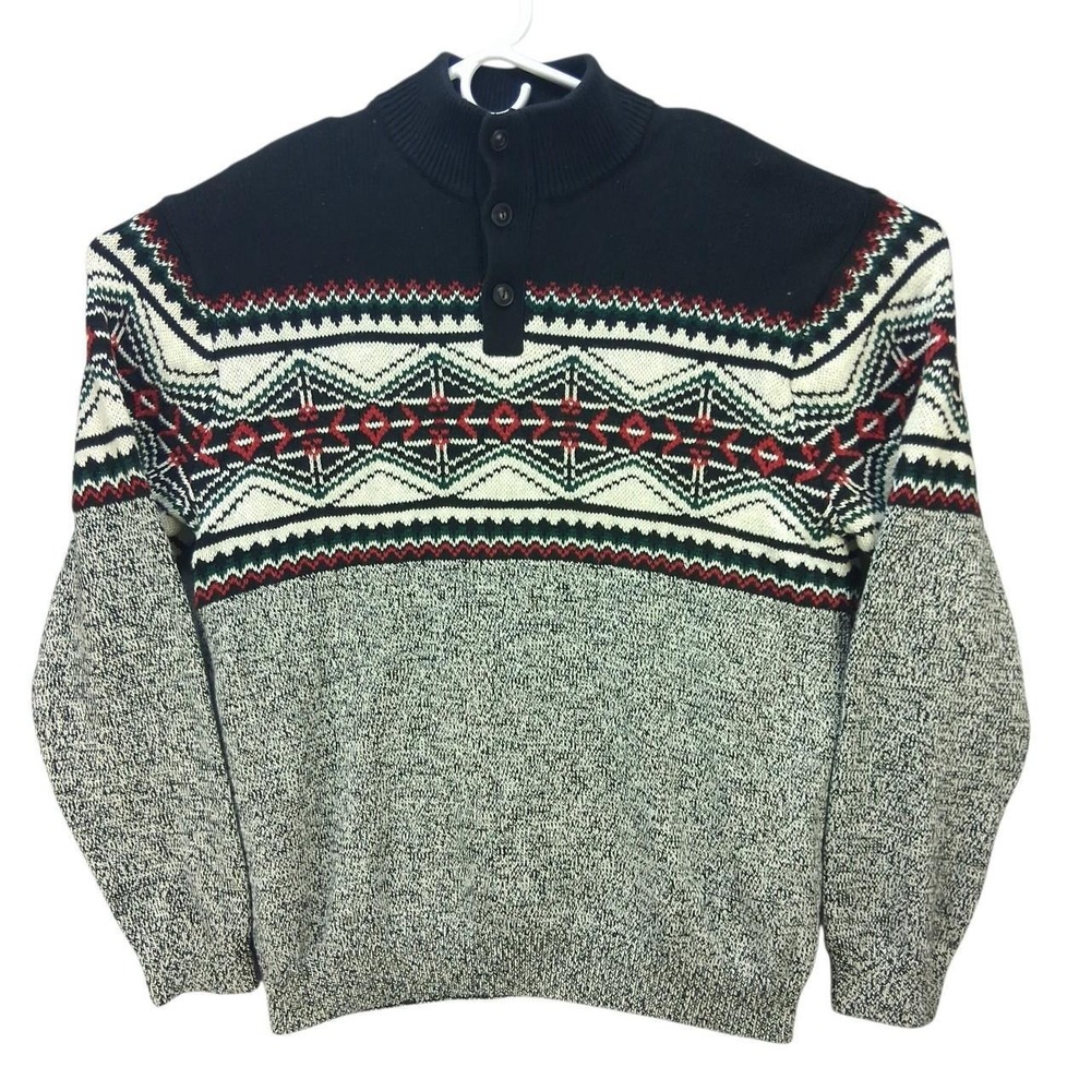 Chaps Mens XL Fair Isle Henley Sweater Black Red Green Cotton Knit Pullover